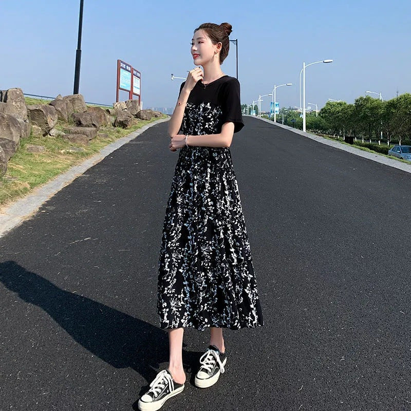 Dress Women Summer New Classic Elegant Floral Mid-Length High Waist Slim Fit Short Sleeve Long Dress