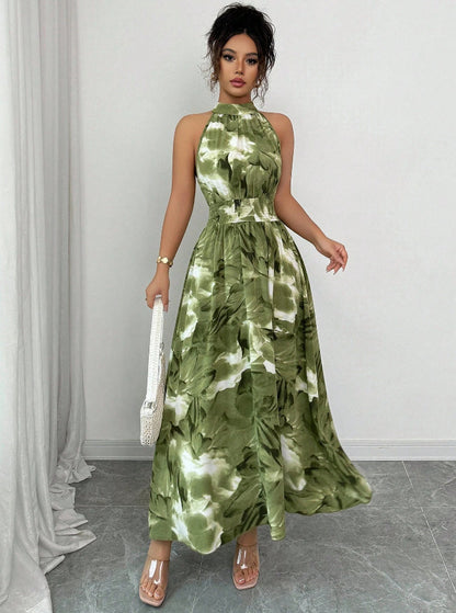 Floral Print Stand Collar A-Line Dress