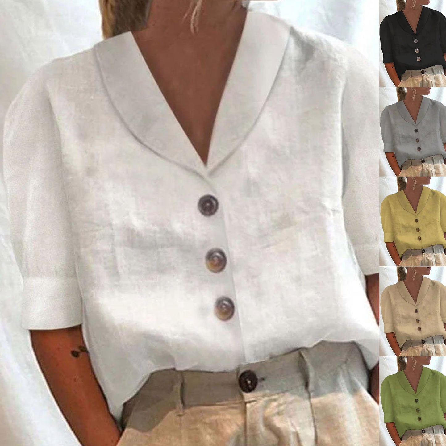 Women's Lapel Button Cotton Linen Top