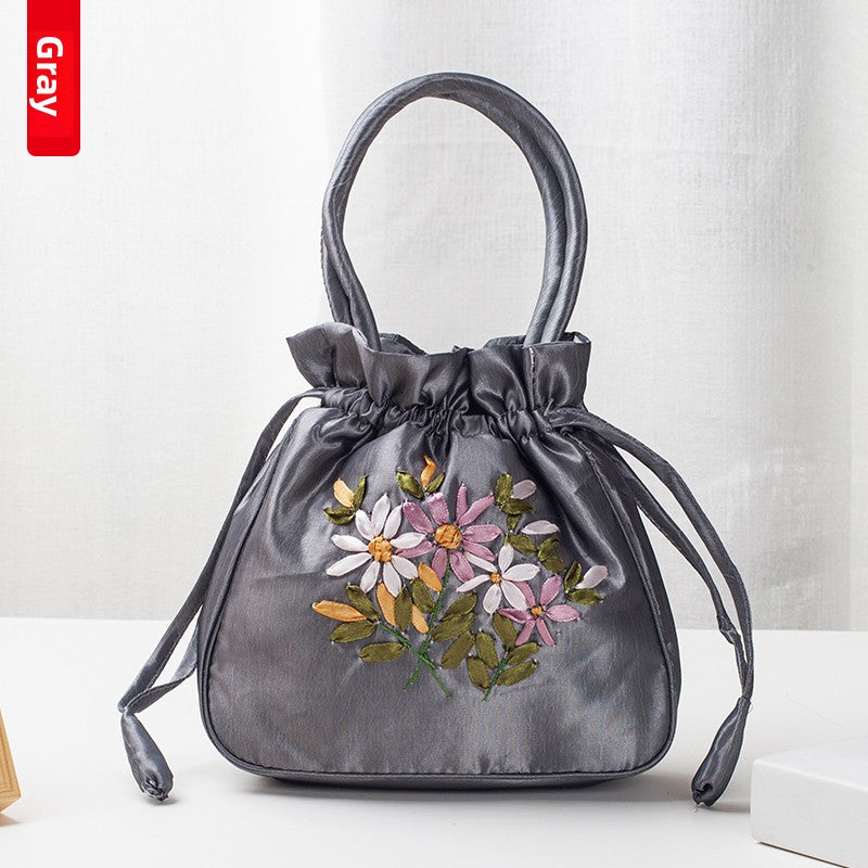 Hand-Embroidered Drawstring Bucket Bag