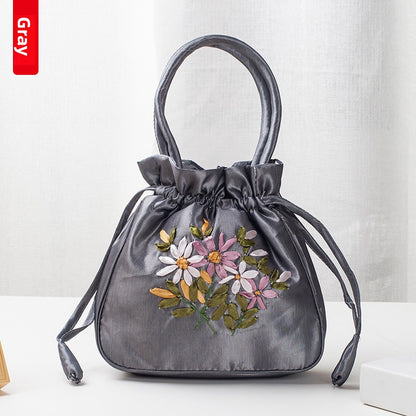 Hand-Embroidered Drawstring Bucket Bag