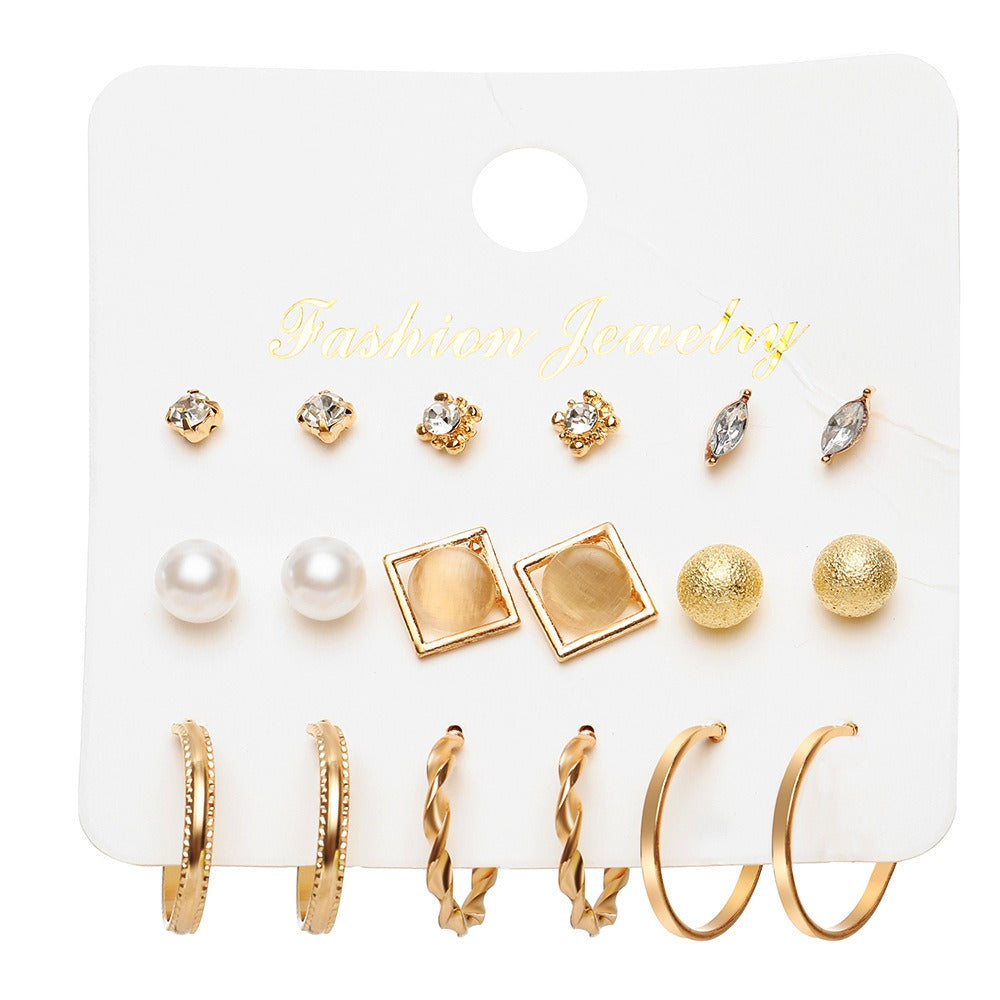 New Inlaid Pearl Ladies Earrings Creative French Vintage Gold Earrings 6 Pieces Set