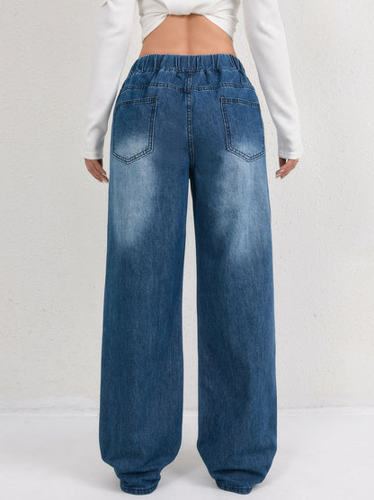 Relaxed-fit, drawstring, wide-leg, washed, comfortable women's jeans
