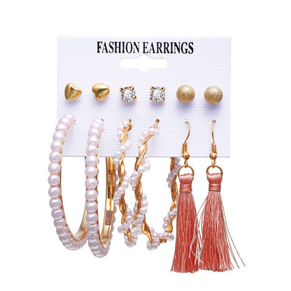 New Inlaid Pearl Ladies Earrings Creative French Vintage Gold Earrings 6 Pieces Set