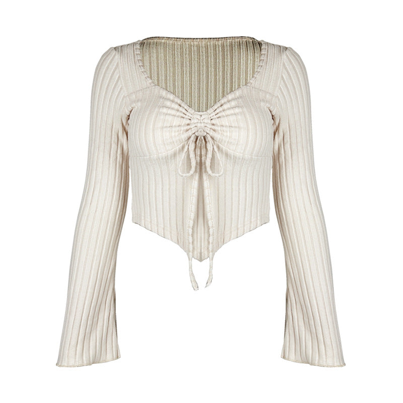 V-neck drawstring flared sleeve women's clothing