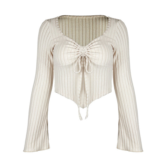 V-neck drawstring flared sleeve women's clothing