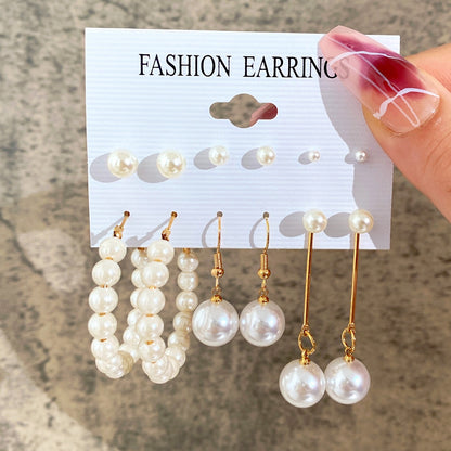 New Inlaid Pearl Ladies Earrings Creative French Vintage Gold Earrings 6 Pieces Set