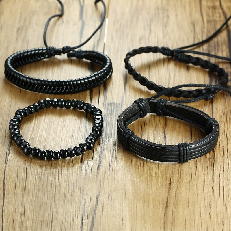 4pcs/ Set Black Bracelets for Men Bangle Adjustable Length Bohemia Holiday Male Jewelry Punk Pulseira