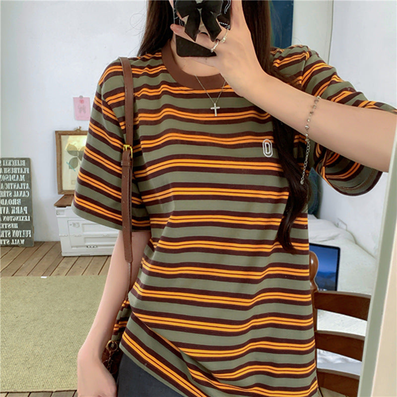 Loose Fit Color-block Stripe Short Sleeve T-shirt