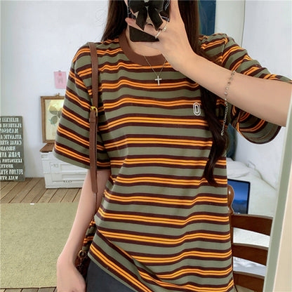 Loose Fit Color-block Stripe Short Sleeve T-shirt