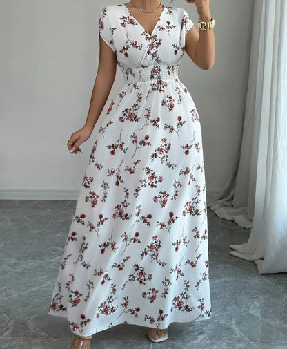 Floral Print V-Neck Lace-Up A-Line Dress