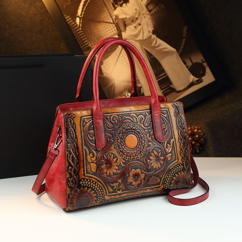 Atmospheric 2025 Retro Women's Bag Embossed Flower Tote Bag Genuine Leather New Ethnic Style Single Shoulder Crossbody Bag Large Capacity