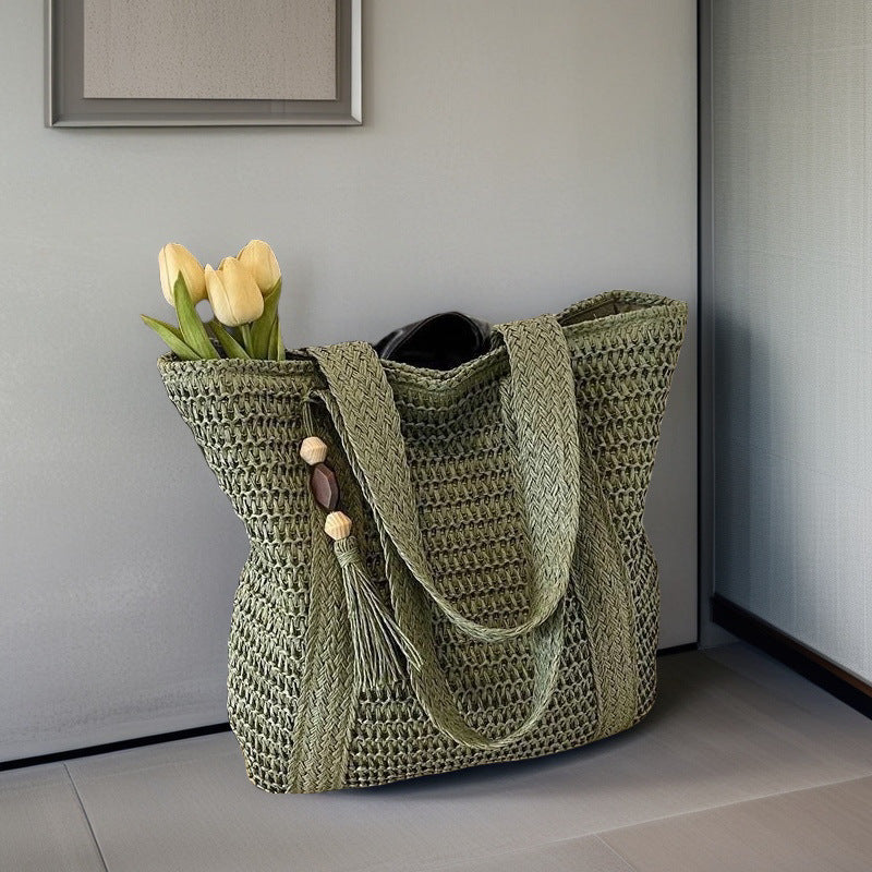 Woven Straw Shoulder Bag with Wide Braid Design