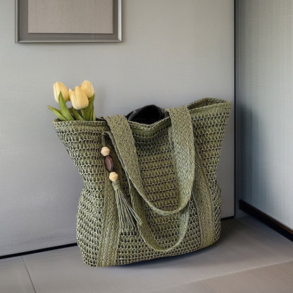 Woven Straw Shoulder Bag with Wide Braid Design