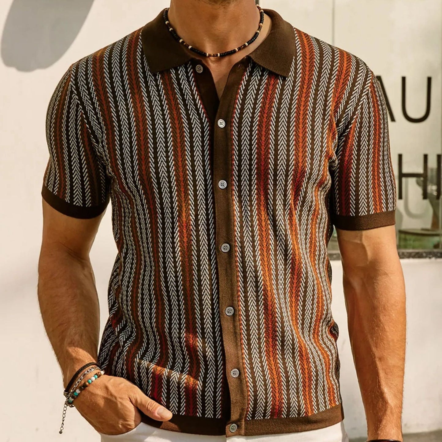 Mens Striped Jacquard Polo Shirt