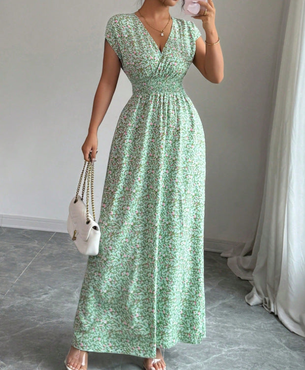 Floral Print V-Neck Lace-Up A-Line Dress