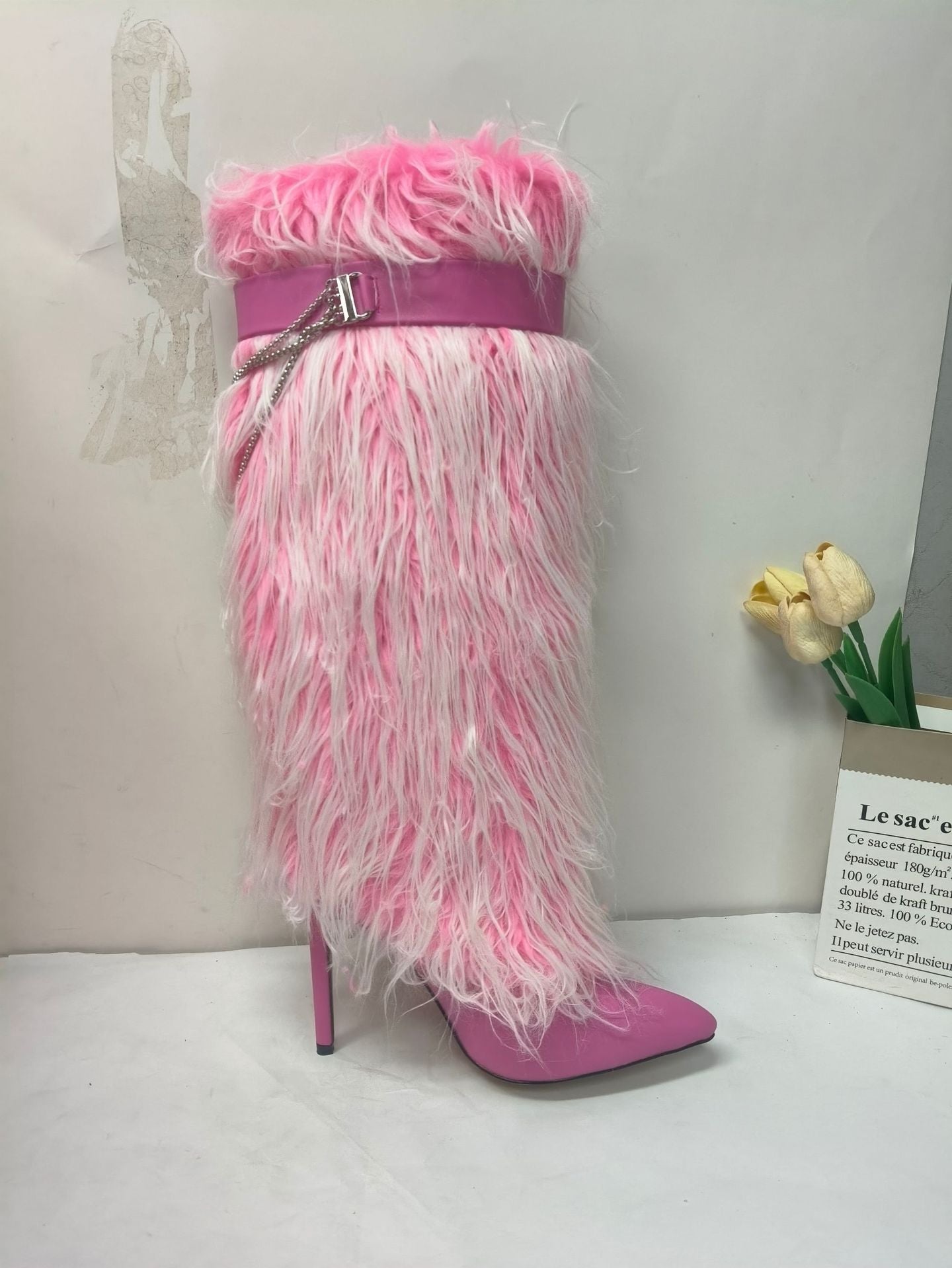 Pointed-toe furry boots high heels