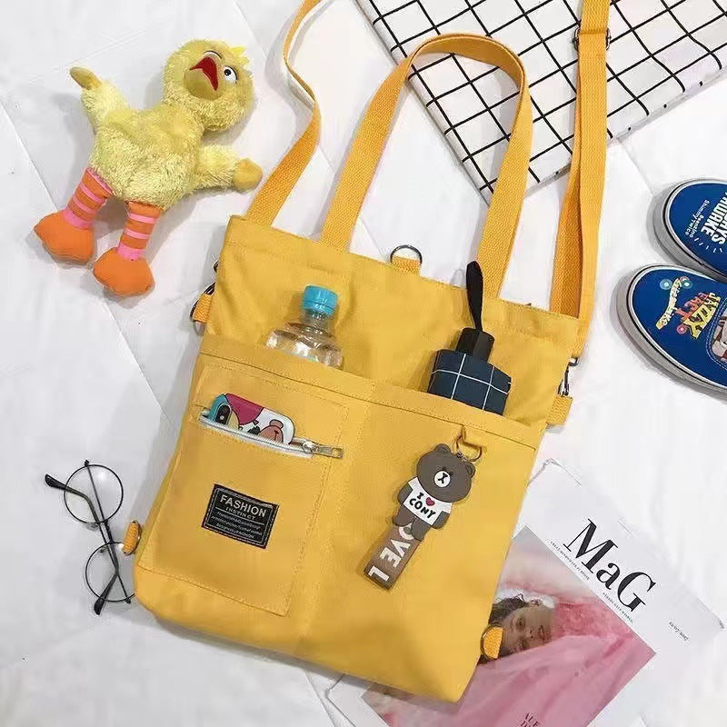 Women's Multiway Canvas Tote Bag with Bear Pendant - Crossbody/Shoulder/Backpack