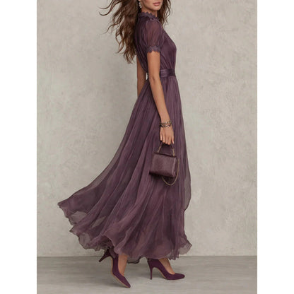 Purple Lace Trim Chiffon Dress