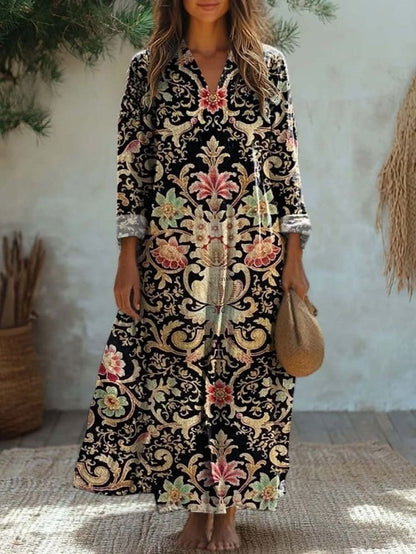 Womens Floral Print V-Neck Long Sleeve Dress
