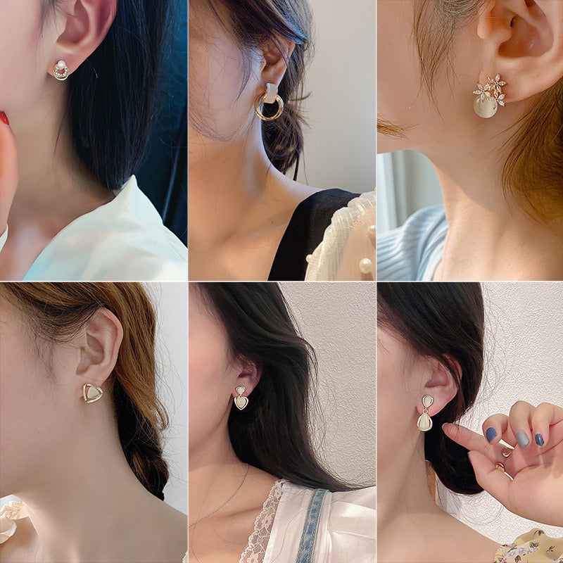 S925 Silver Needle Cat's Eye Small Earrings Female Geometric Square Love Diamond Earrings Simple Atmosphere Earrings