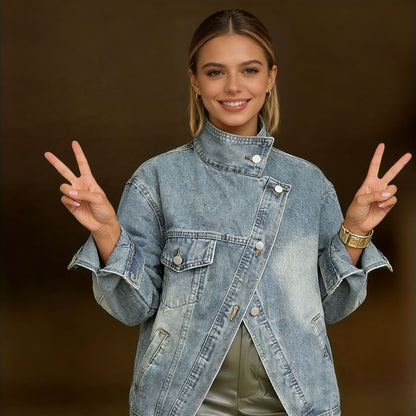 Women's denim jacket with single pocket design
