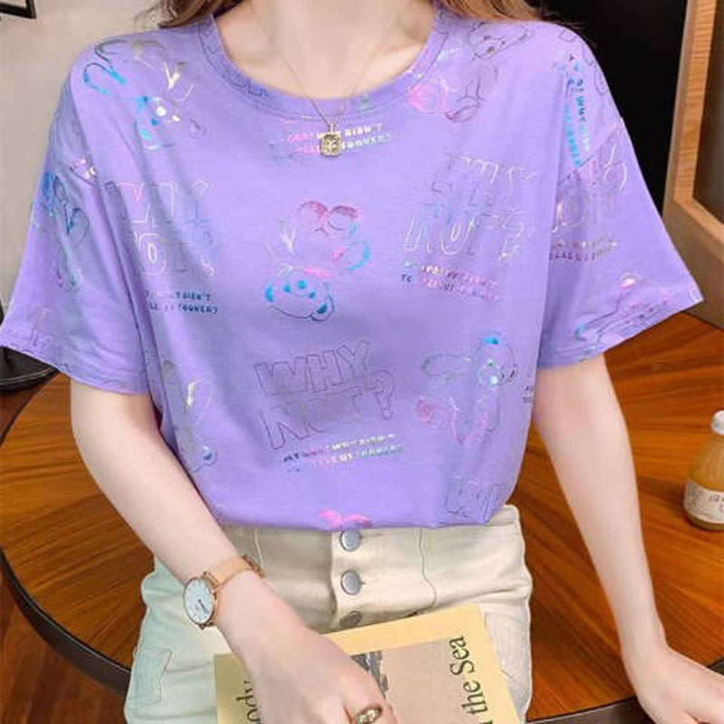Casual Loose Fit Cotton Blend Short Sleeve T-Shirt for Women Summer Top with Regular Shoulder Design