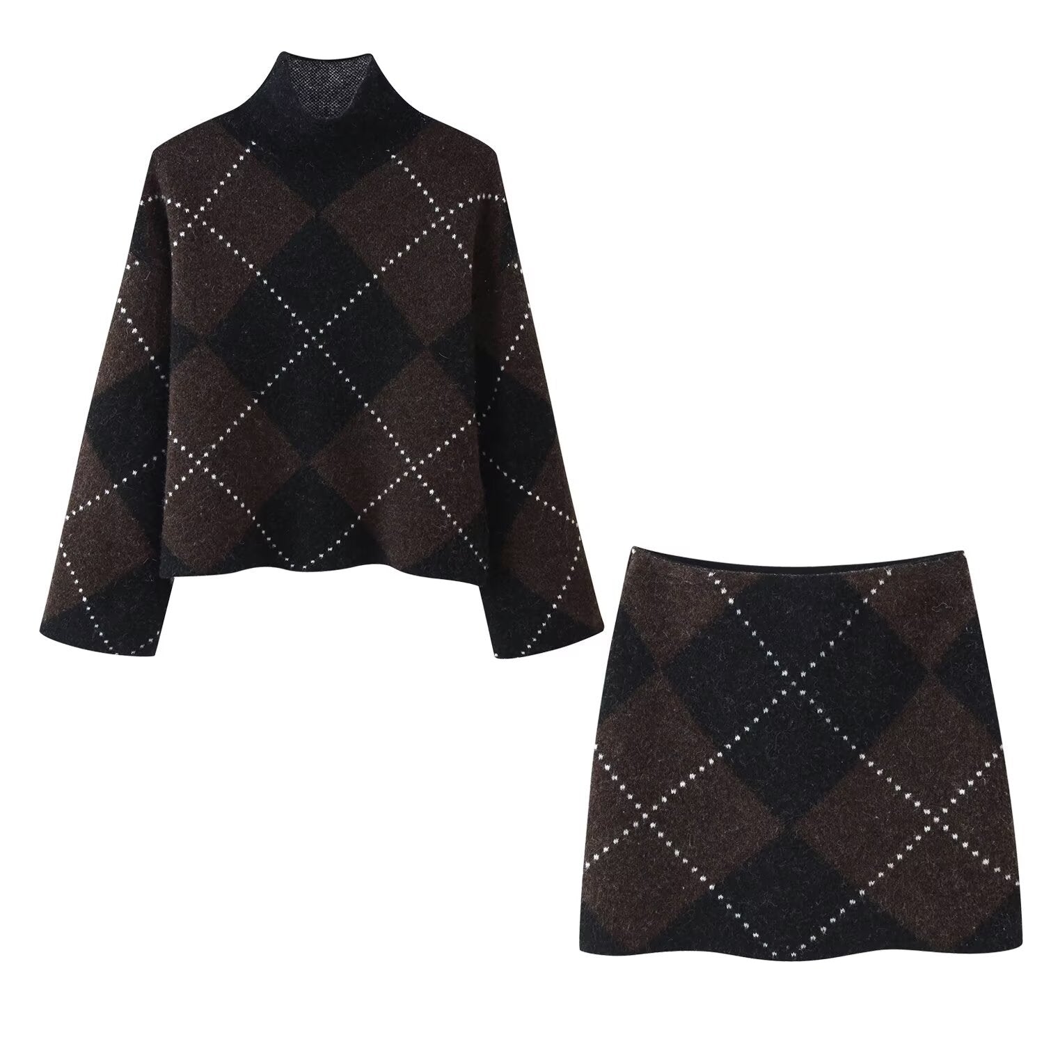 High-neck plaid pullover knit top and skirt