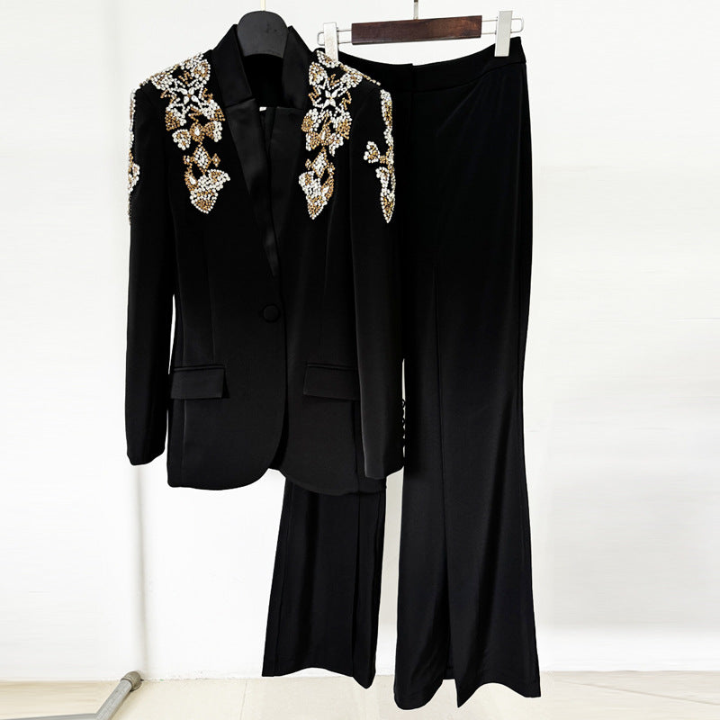 Rhinestone Embellished Blazer and Slit Pants Set