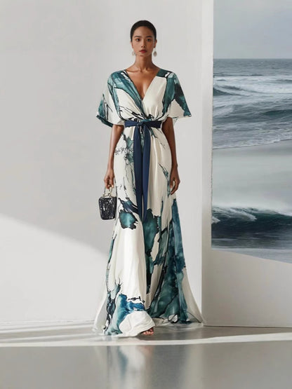 V-neck Digital Print A-line Dress