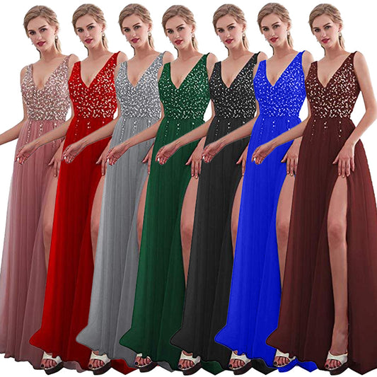 Embroidered Sequin V-Neck Long Evening Dress