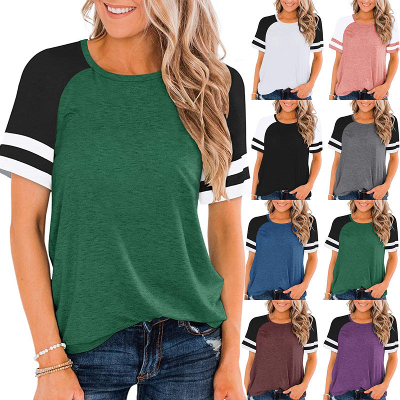 T-Shirt Summer Round Neck Stitching Short Sleeve Striped Contrast Color Loose Plus Size Women's Clothing