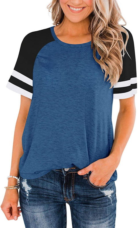 T-Shirt Summer Round Neck Stitching Short Sleeve Striped Contrast Color Loose Plus Size Women's Clothing
