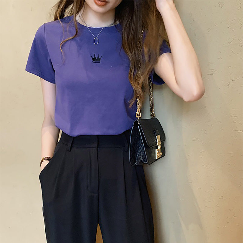 Fashionable Fitted Embroidered Round Neck Short Sleeve T-Shirt for Women Casual Basic TopStudent Style Ladies' Inner Wear