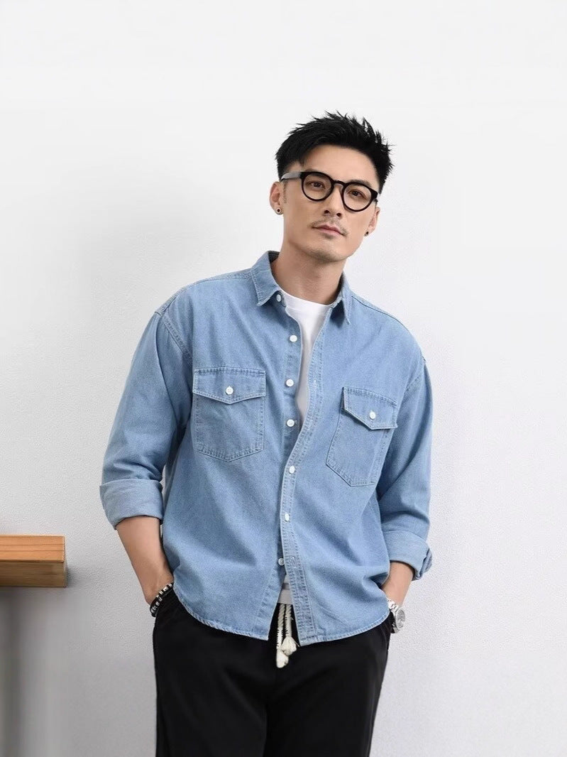 Mens Denim Shirt Loose Fit Long Sleeve
