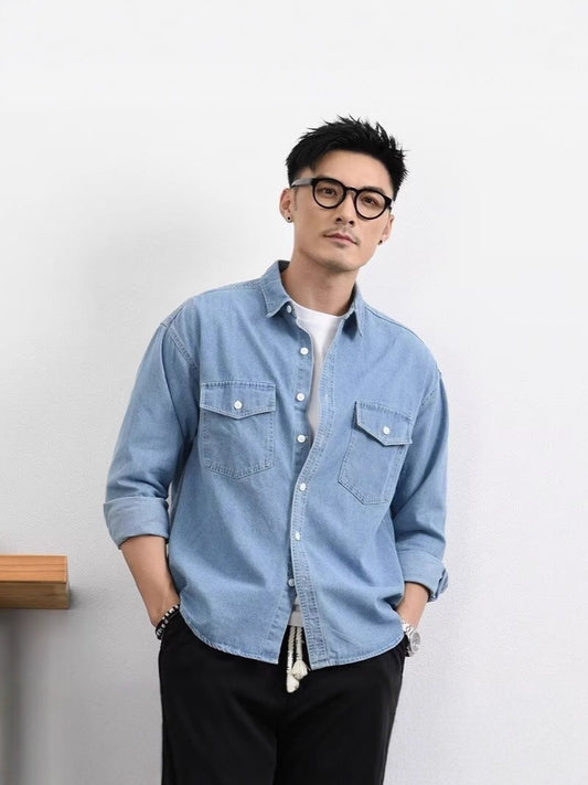 Mens Denim Shirt Loose Fit Long Sleeve