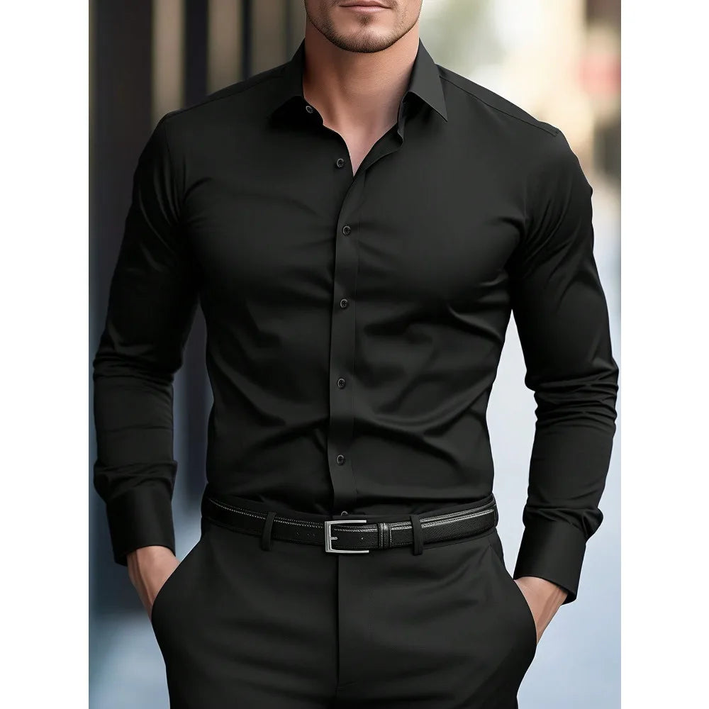 FGKKS New Men Shirt Brand New Solid Color Long Sleeve Elastic Fabric Men's Multiple Colors Male Quality Basic Shirt