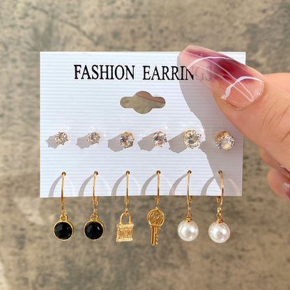 New Inlaid Pearl Ladies Earrings Creative French Vintage Gold Earrings 6 Pieces Set