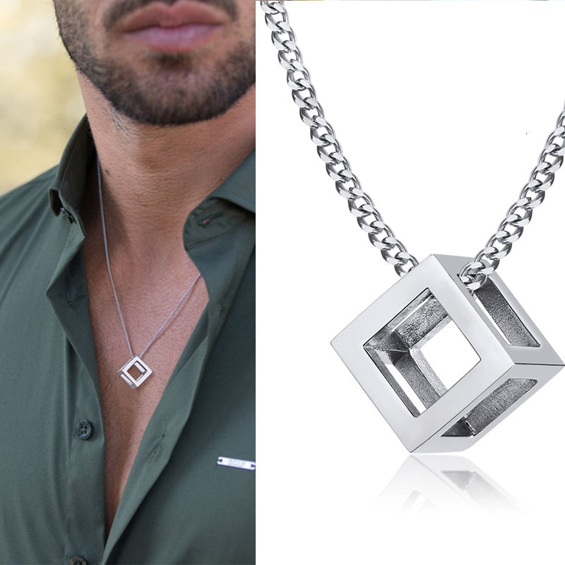 POPULAR INTERLOCKING SQUARE TRIANGLE MALE PENDANT FOR MEN STAINLESS STEEL MODERN TRENDY GEOMETRIC STACKING STREETWEAR NECKLACE