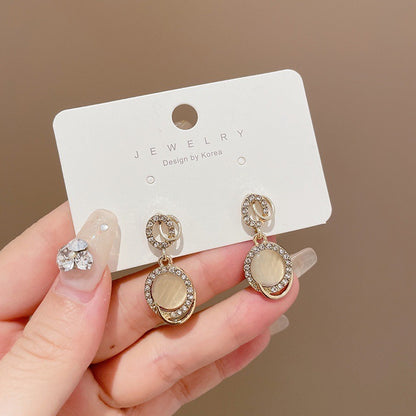 S925 Silver Needle Cat's Eye Small Earrings Female Geometric Square Love Diamond Earrings Simple Atmosphere Earrings