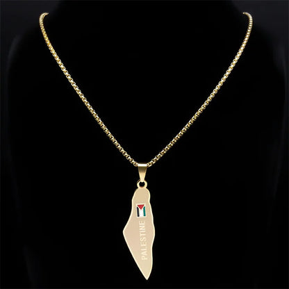 Palestine Map National Flag Necklace for Women Men Stainless Steel Gold Color Country Geography Chain Jewish Jewelry N7600S02