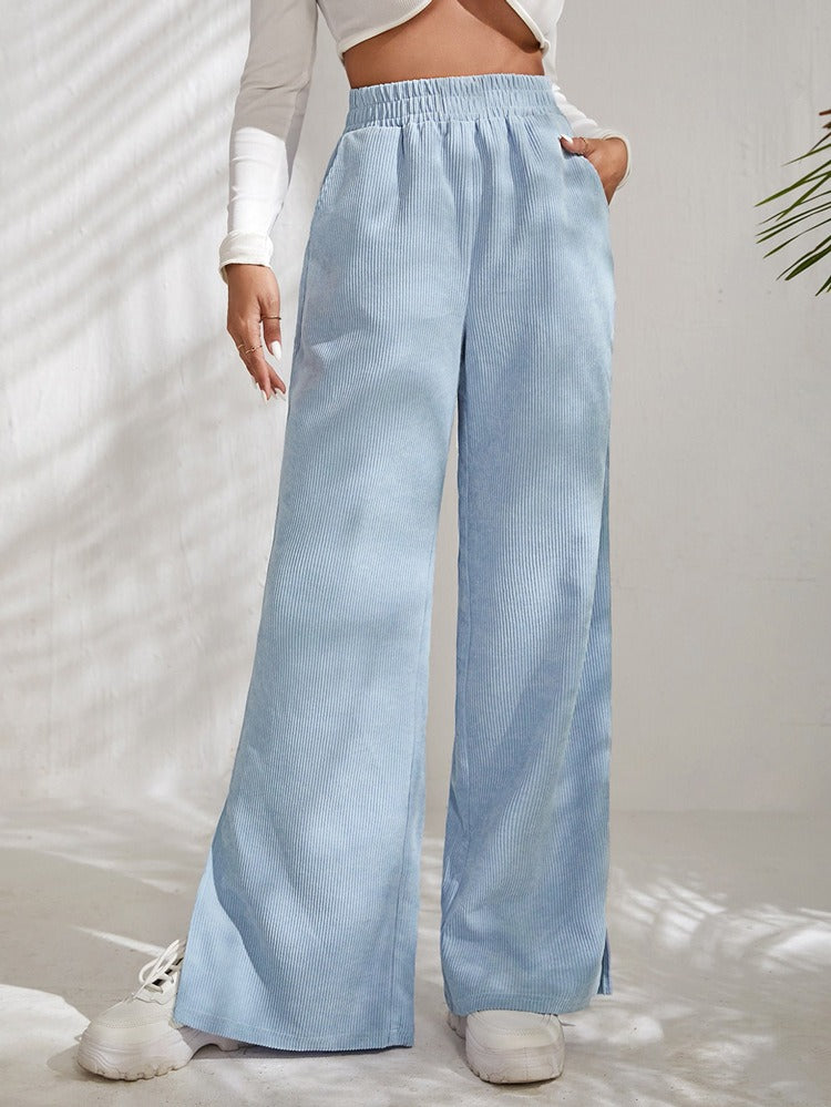 New Women's High Waist Casual Pants in Autumn and Winter Solid Corduroy Splice Slit Bottom Pants