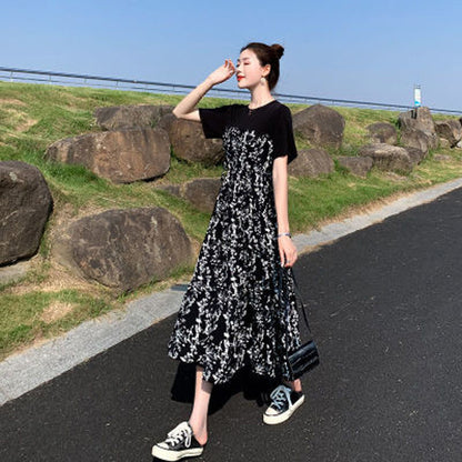 Dress Women Summer New Classic Elegant Floral Mid-Length High Waist Slim Fit Short Sleeve Long Dress