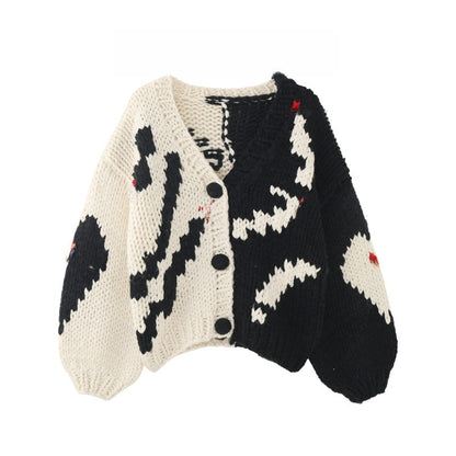 V-neck color-blocked knit cardigan sweater