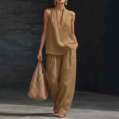 Womens Halter Neck Sleeveless Casual Two-Piece Set