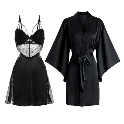 Lace Trim Ice Silk Pajama Set with Robe
