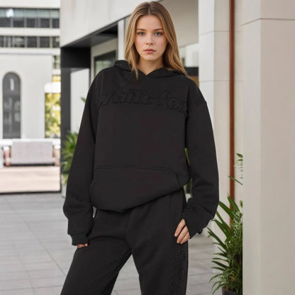 New Style Fleece Warm Hooded Embroidered Sweatshirt Fashionable Sports Cotton Blend Long Pants Two-Piece Set for Women