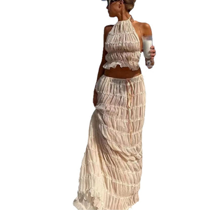 Lace-trimmed halter long dress