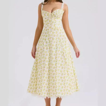 Floral Print Sling Dress with Lace Trim