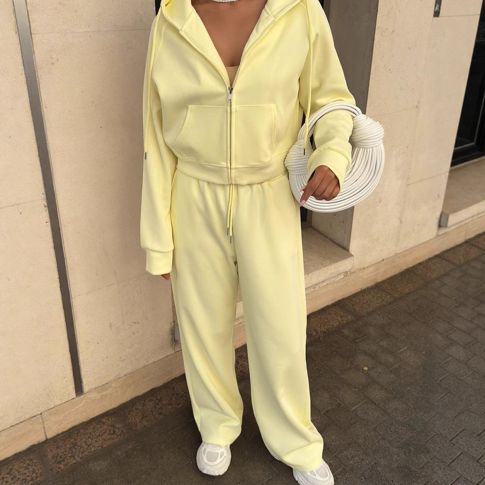 Casual sportswear set with hooded jacket and drawstring pants